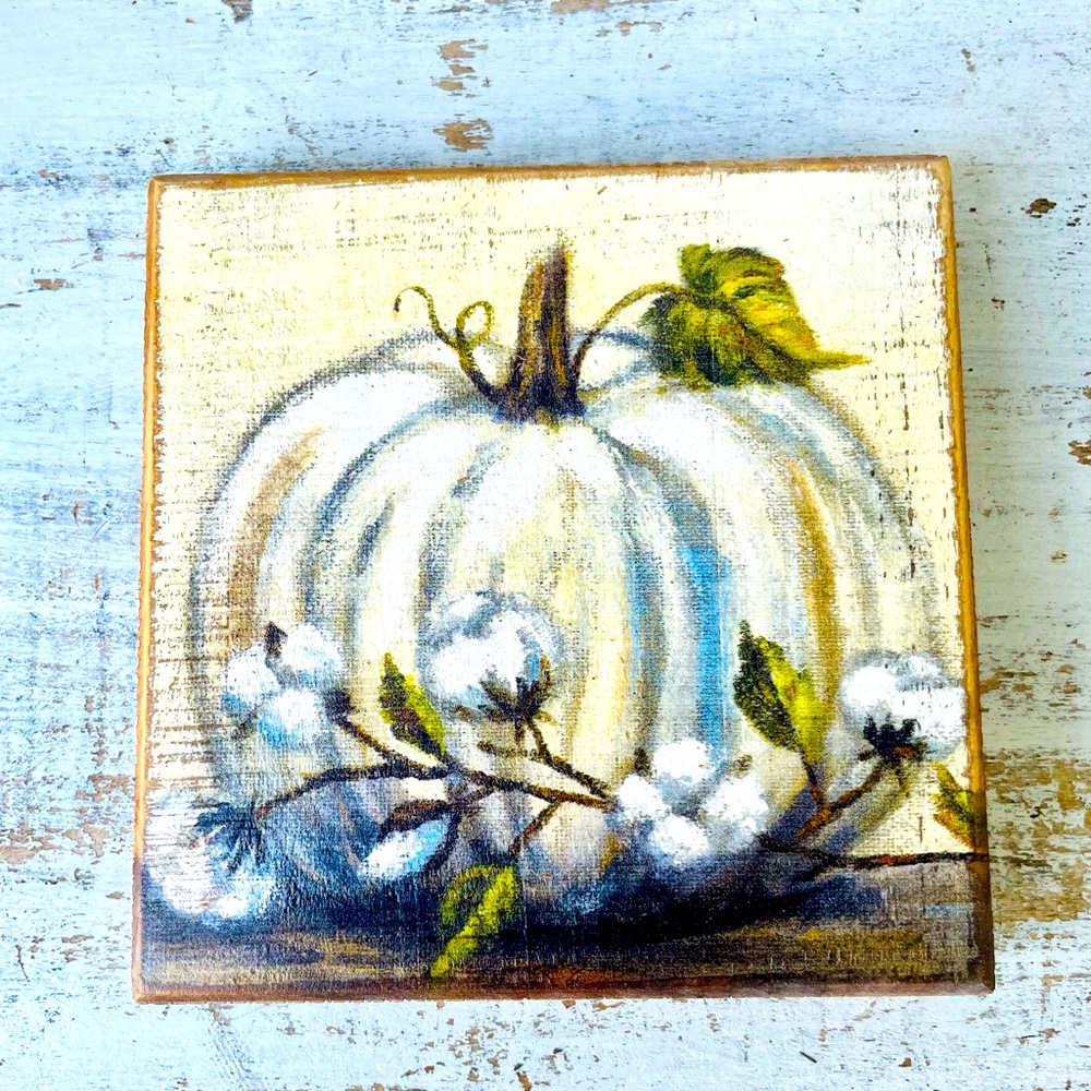 *White Pumpkin Wood Block Sign 6”